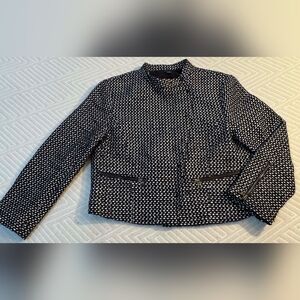 Ann Taylor Blue White Tweed Cropped Blazer Zipper Pockets Women's 10 Office EUC